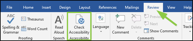 the editing ribbon in Microsoft Word showing the Review tab and highlighting the check accessibility button